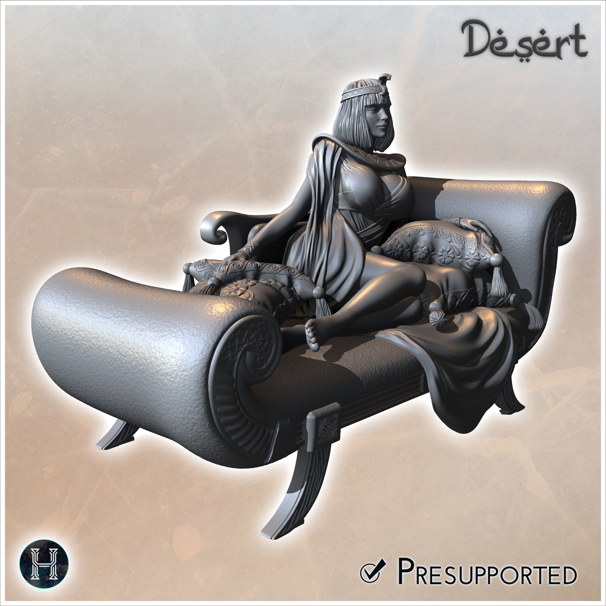 Reclining queen Cleopatra VII on ornate couch with detailed pillows and decorative drapery (2) - Egypt Ancient Old Desert Arid Africa RPG 28mm 15mm